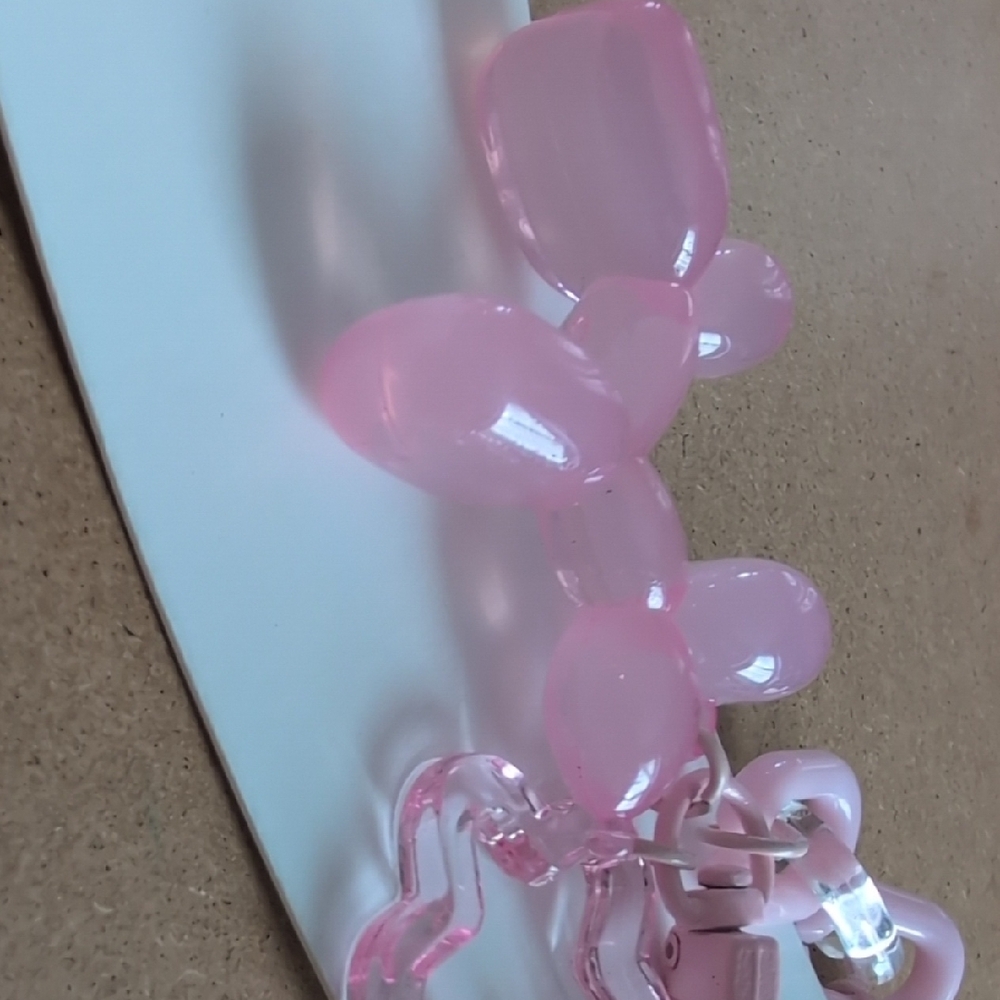 Glossy Pink Balloon Dog Keychain with Bell & Flower Link - Picture 4 of 6